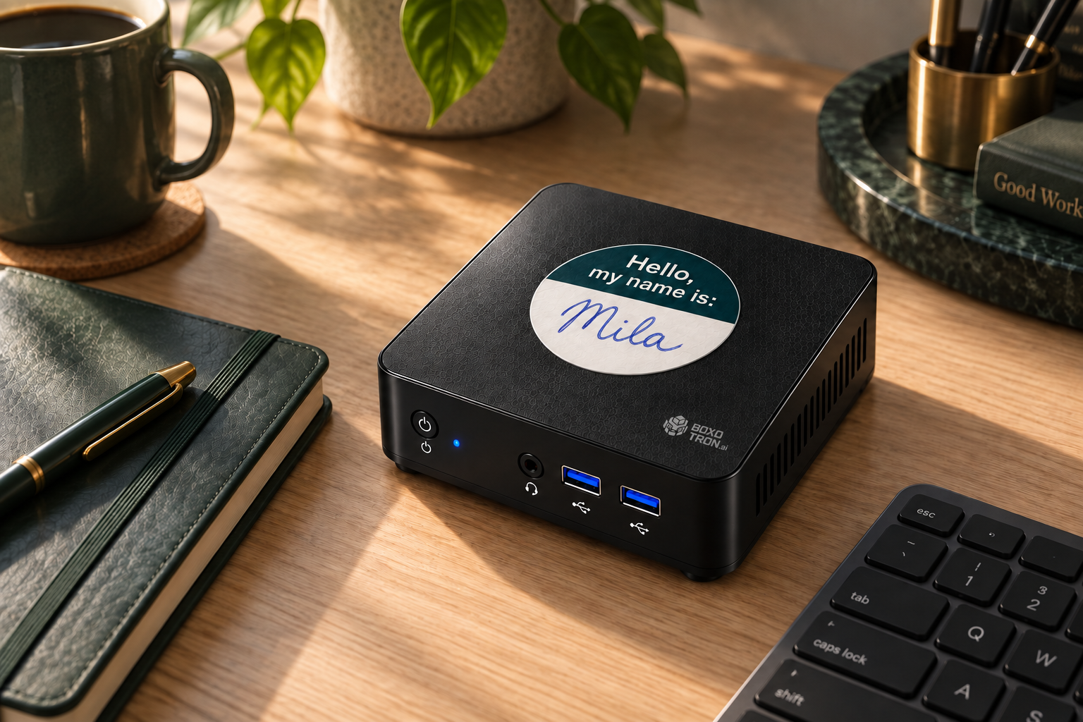 Boxotron on an owner’s desk, named Mila in blue cursive pen