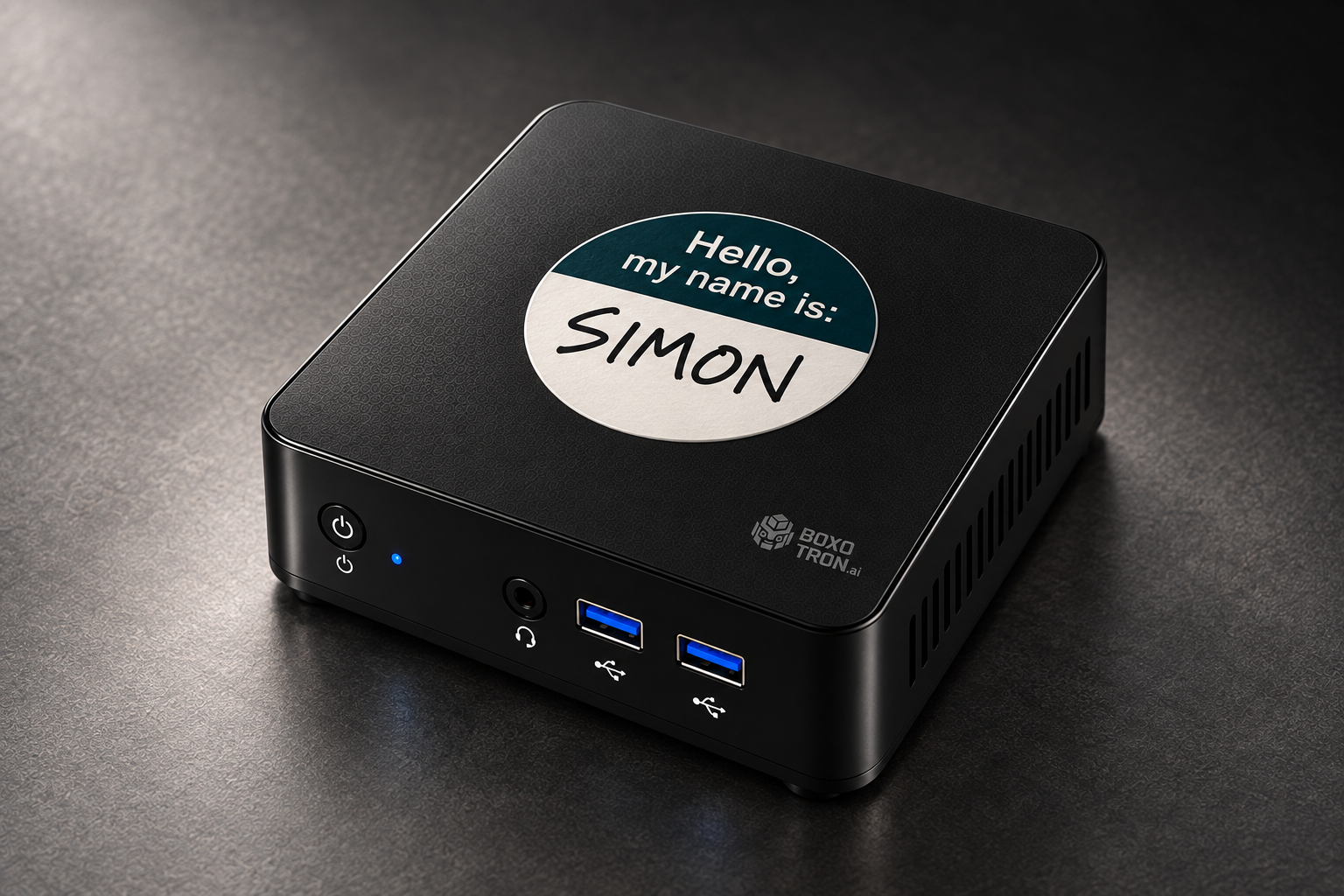 Boxotron concept with Simon handwritten in black marker on its name label