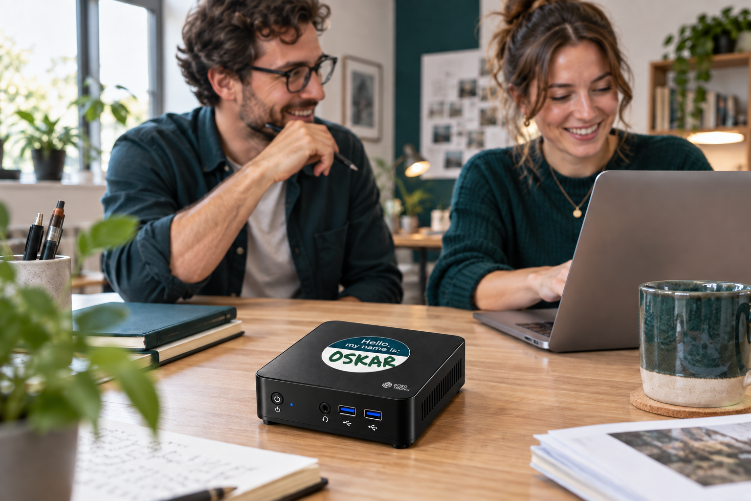 Boxotron in a small team’s office, named Oskar in green felt-tip lettering